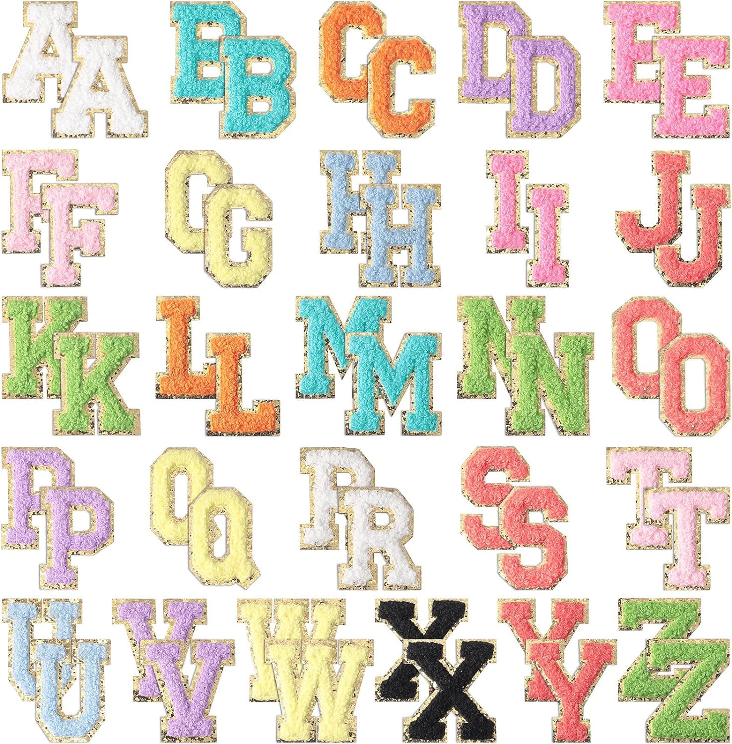 52 Pieces Chenille Letter Patches A-Z Alphabet Iron on Patches Bulk Gold Glitter Border Repair Embroidered Patch for Clothing Caps Sweaters Bags Jackets Shirt(Bright Color, Cute Style)