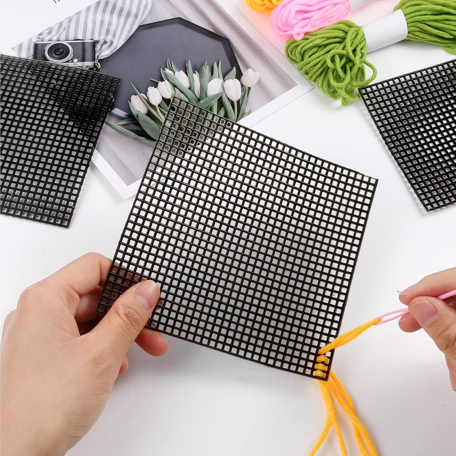 4 Pieces 7 Count Black Plastic Mesh Canvas Sheets for Embroidery, Acrylic Yarn Crafting, Knit Crochet Projects and Make Aquarium Dividers (10.5 X 13.5 Inch)