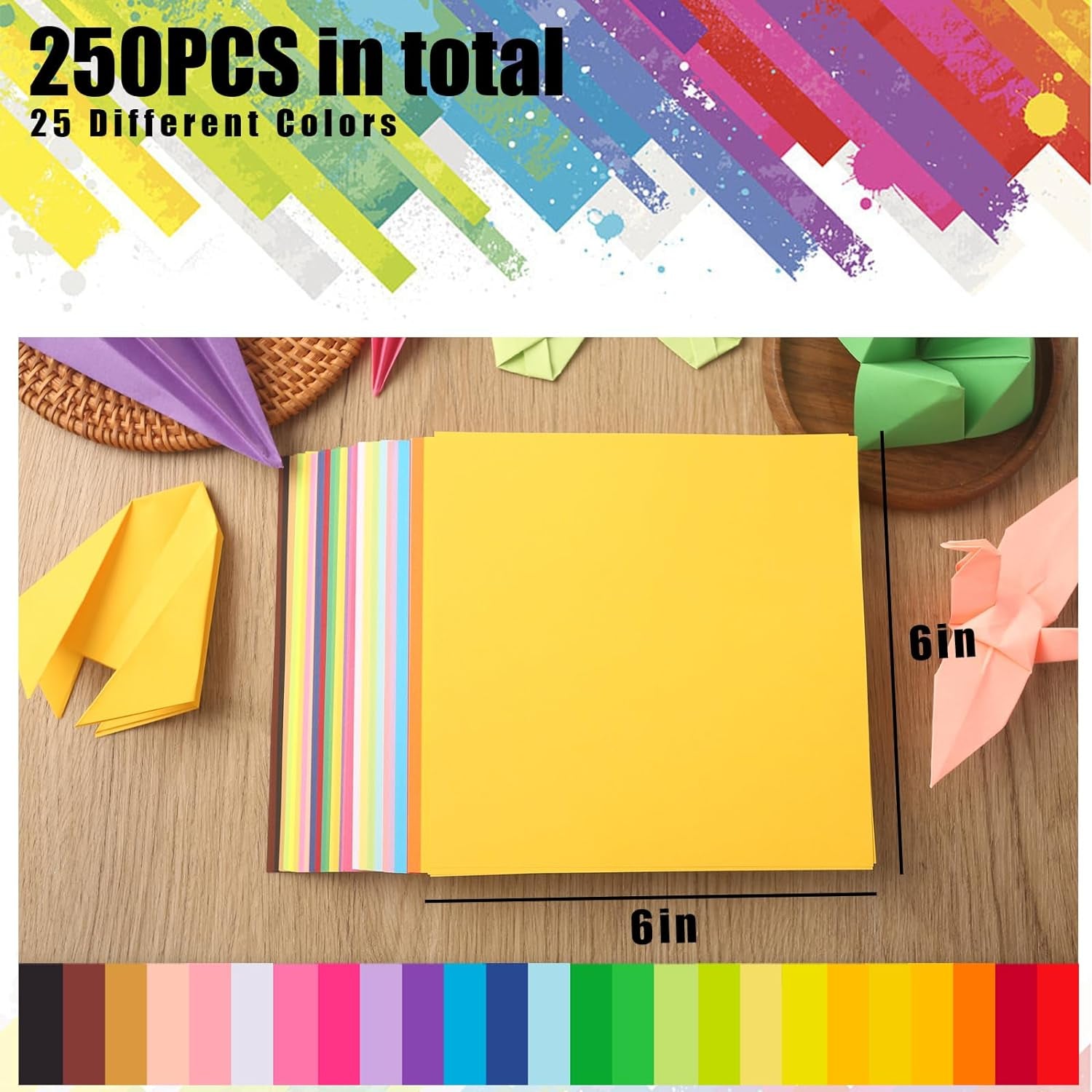 250 Sheets Oragami Paper Bulk, Double Sided Craft Paper 6 X 6 Inch Square Paper Oragami Paper for Beginners Arts and Crafts 25 Colors