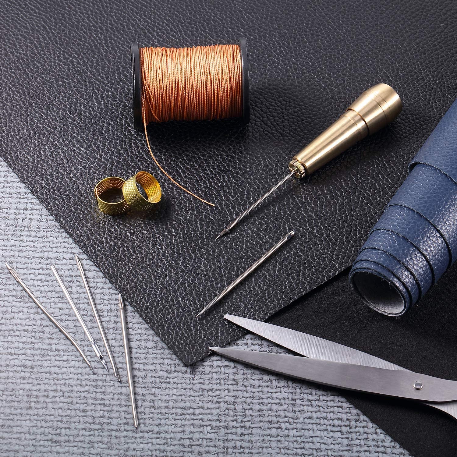 6 Pieces Canvas Leather Sewing Awl Needle with Copper Handle, 50 M Nylon Cord Thread and 2 Pieces Thimble for Handmade Leather Sewing Tools Shoe and Leather Repair