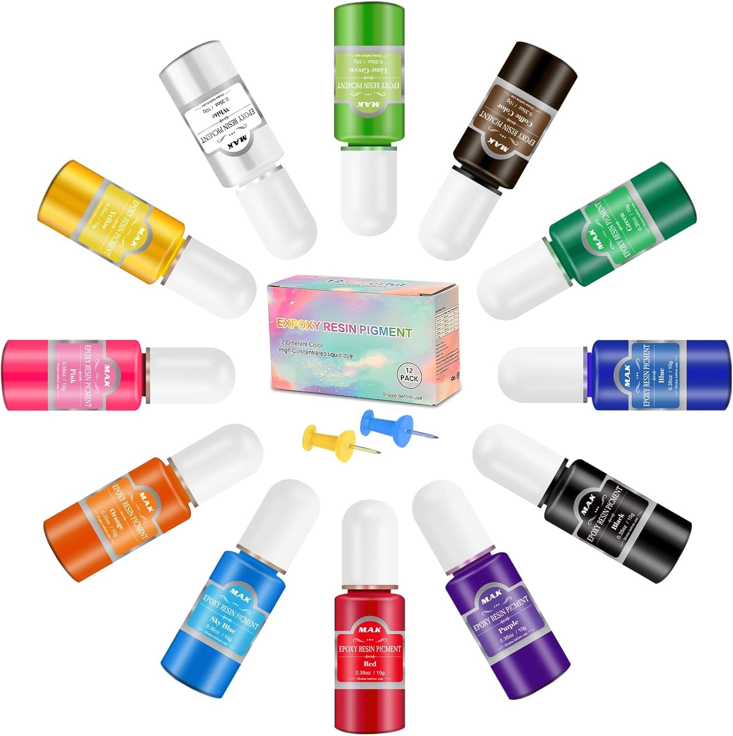 Epoxy Resin Pigment - 12 Colors Epoxy Resin Liquid Dye Transparent High Concentration Resin Colorant for Epoxy Resin Crafts Art Coloring, Painting, Jewelry DIY Making, 0.35Oz/10 Ml Each
