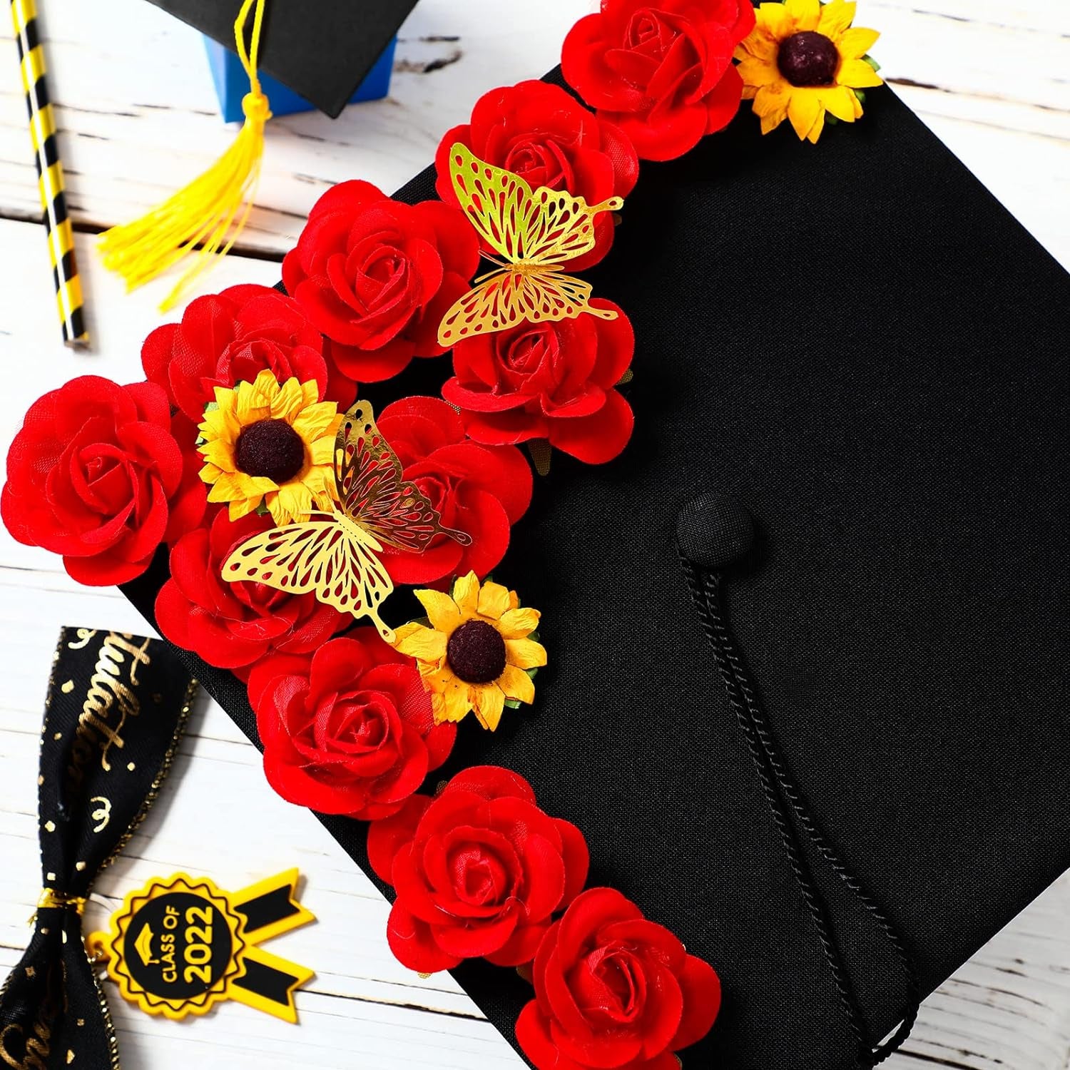 30 Pcs Stick Flat Back Roses Floral Stickers Adhesive Backed Roses Yellow Sunflower Heads 3D Butterfly Stickers for Graduation Cap Decoration Home Decor Craft Art Decor