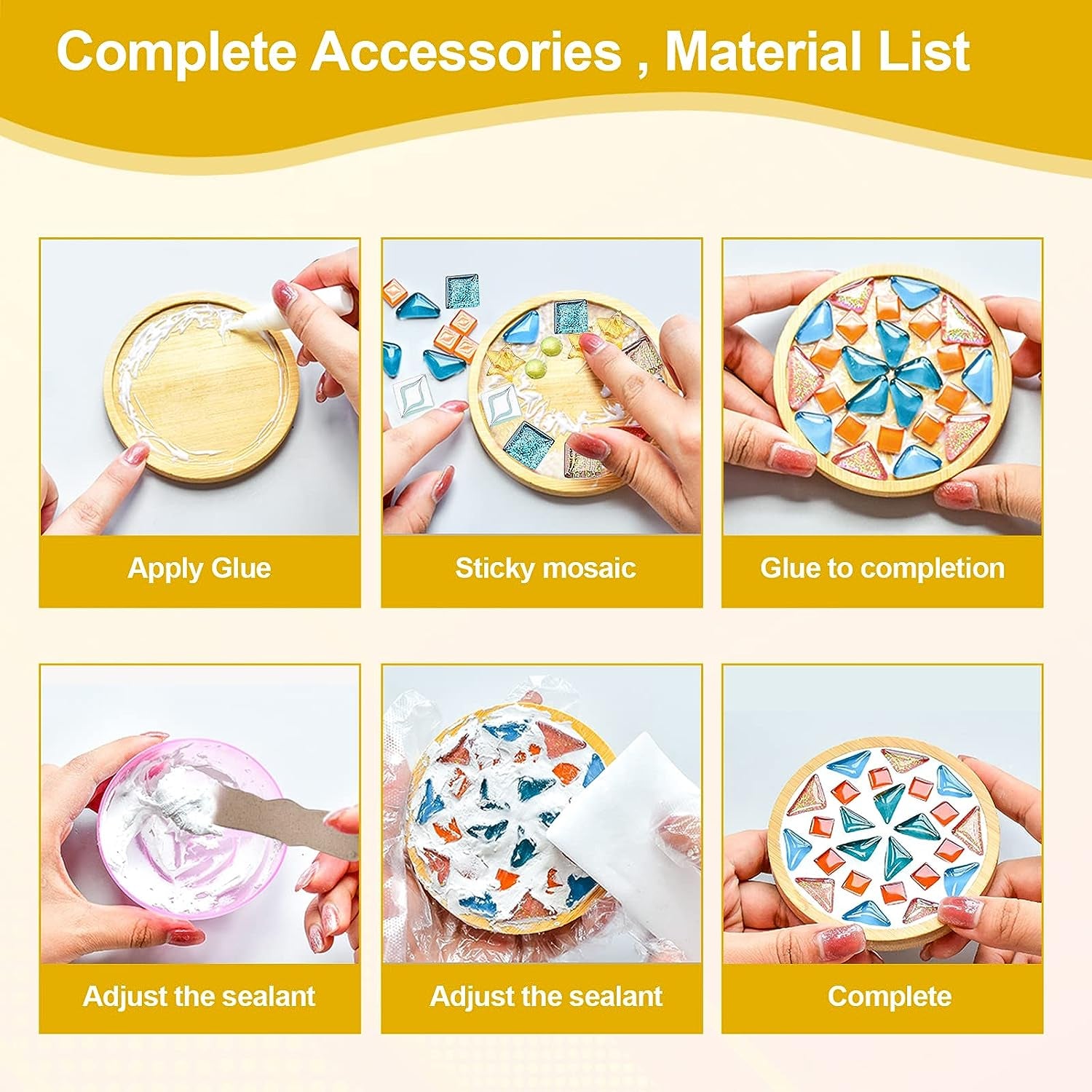 4 Sets DIY Glass Mosaic Tiles for Crafts,Mixed Color Mosaic Kits with Wooden Coaster for Adults,Mosaic Crafts Materials Package for Coaster Handmade Home Decor Gifts