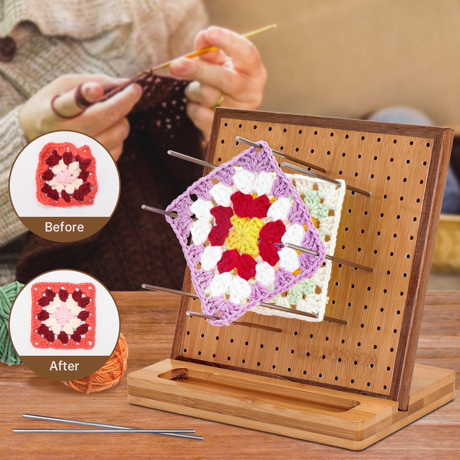 7.8" Crochet Blocking Board with 20 Pins/Pegs, Blocking Board for Crocheting Knitting, Bamboo Granny Square Blocking Boards for Crochet Projects, Wooden Crocheting Accessories Gifts for Crocheters