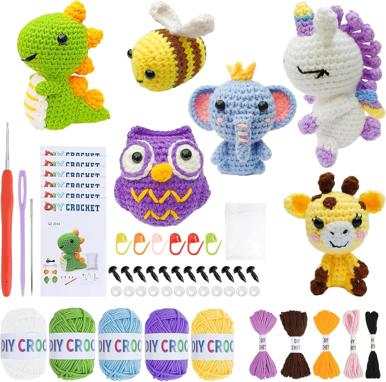 6Pcs Crochet Starter Kit Beginner for Adults - Knitting Kit for Adults and Kids Beginners - Amigurumi Crocheting Animals Kits with Step-By-Step Video Tutorials Dinosaur, Rainbow Bee, Unicorn