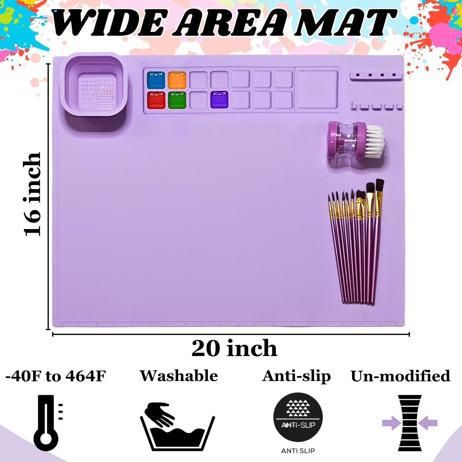 Silicone Painting Mat - Art Mat with Cup, Craft Paint Brush Cleaner Tool &10 Paint Brushes – Thick Large 20 X 16" Paint Mat for Kids & Adults – Washable Erasable Silicone Craft Mat for Artistic Work