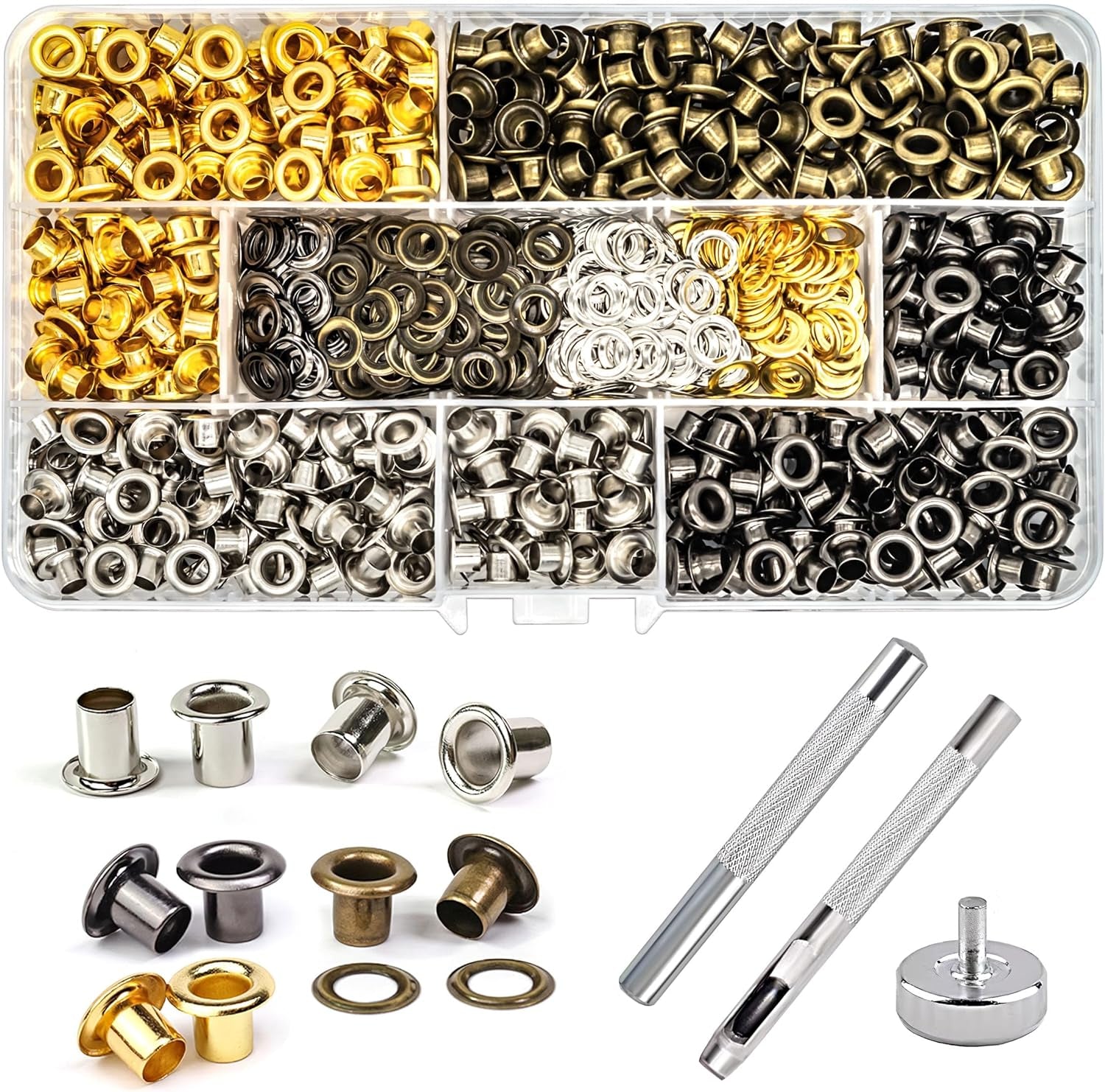 600 Pcs Metal Eyelets Metal Grommets Kit Sewing Eyelets and Grommets Shoe Eyelets with 3 Pieces Installation Tool and Storage Box for Shoes Clothes Crafts Bag DIY Project (3/16 Inch, 4 Colors)
