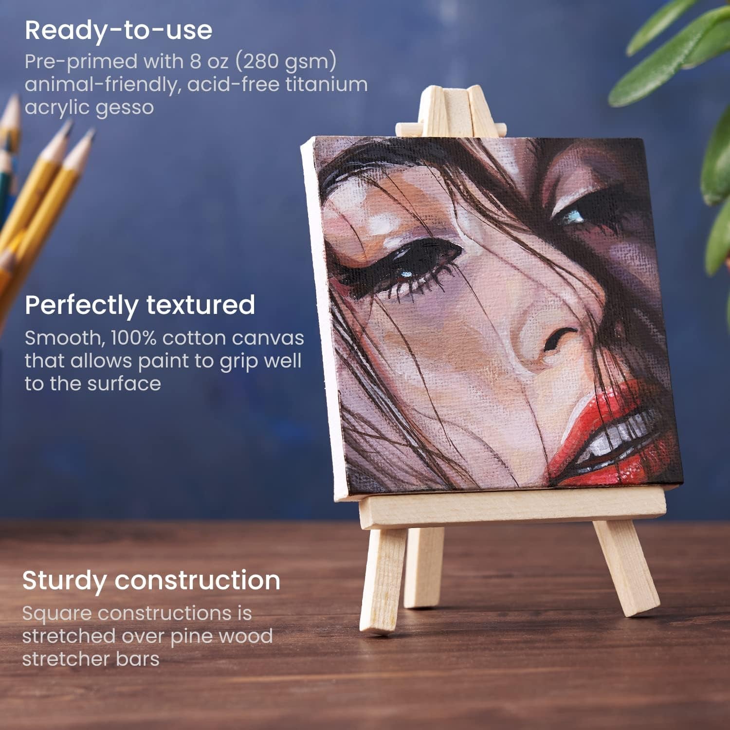 Small Canvases with Easels, 4 X 4 Inches, Pack of 14, Blank White Stretched Canvas for Acrylic, Oil and Gouache Painting