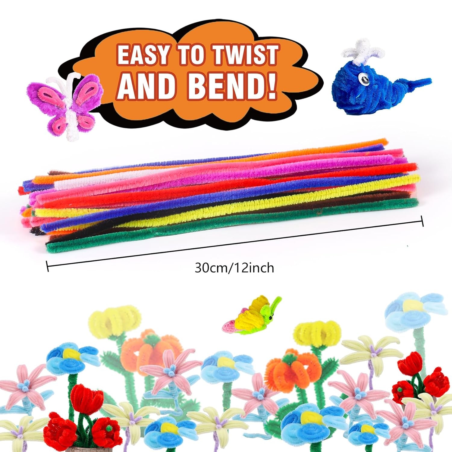 1000PCS Pipe Cleaners Bulk, 10 Color Chenille Stems Craft Supplies for Kids Crafts Projects and Decorations (12Inch×6Mm）