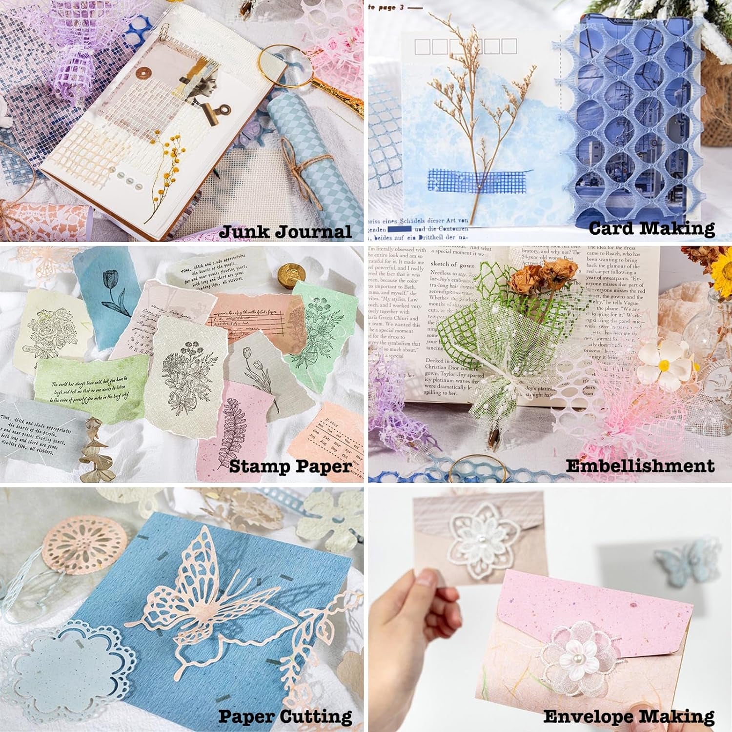 90 Sheets Scrapbook Paper and Decorative Mesh Fabric Assorted Set - 6 Pack Mixed Special Paper for Scrapbooking Planner Bullet Junk Journal Supplies Mixed Media Collage Card Embellishment 5.1X7 Inch