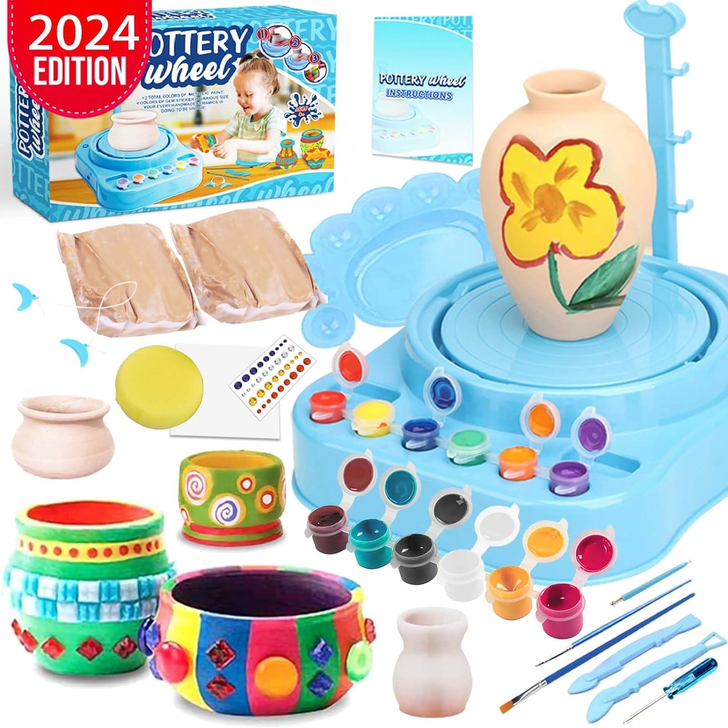 Pottery Wheel for Kids - Complete Pottery Kit for Beginners, Upgraded Sculpting Clay Tools, Air Dry Clay &amp; Arts Supplies, Mini Pottery Wheel Crafts Kits for Kids Girls Boys Ages 8-12