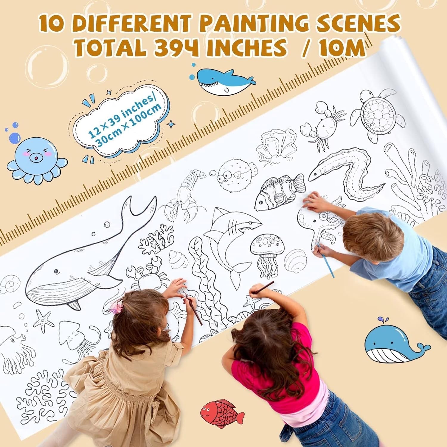 10 Pieces Children Drawing Roll, 12×39 Inches Coloring Paper Roll, DIY Painting Color Filling Paper for Kids
