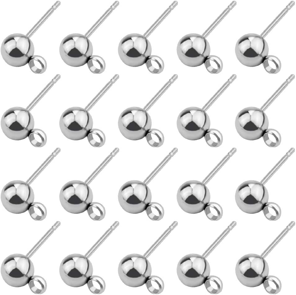 100Pcs Hypoallergenic Earring Posts Stud Earrings Stainless Steel Silver Ball Post with Loops Earring Studs 5Mm Ball Post for Jewelry Earring Making(Sliver, 5Mm)