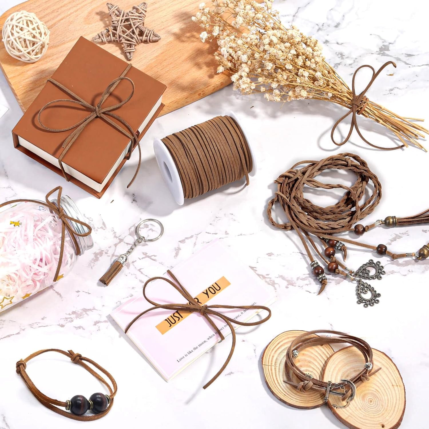 Leather String, Flat Suede Cord Faux Leather Cord Thin Leather Lace for Bracelets, Necklaces, Jewelry Making and Art Crafts (2.7 MM Brown)