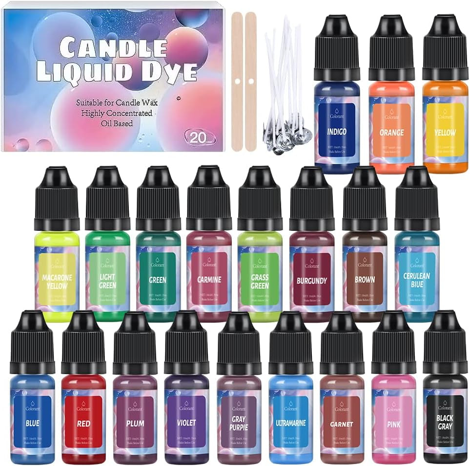 Oil-Based Candle Color Dye Non-Toxic Non-Irritating 20 Colors for DIY Candle Making Supplies - Vibrant Concentrated Candle Coloring for Soy Wax Dyes, Beeswax, Gel Wax, Candle Making Kit