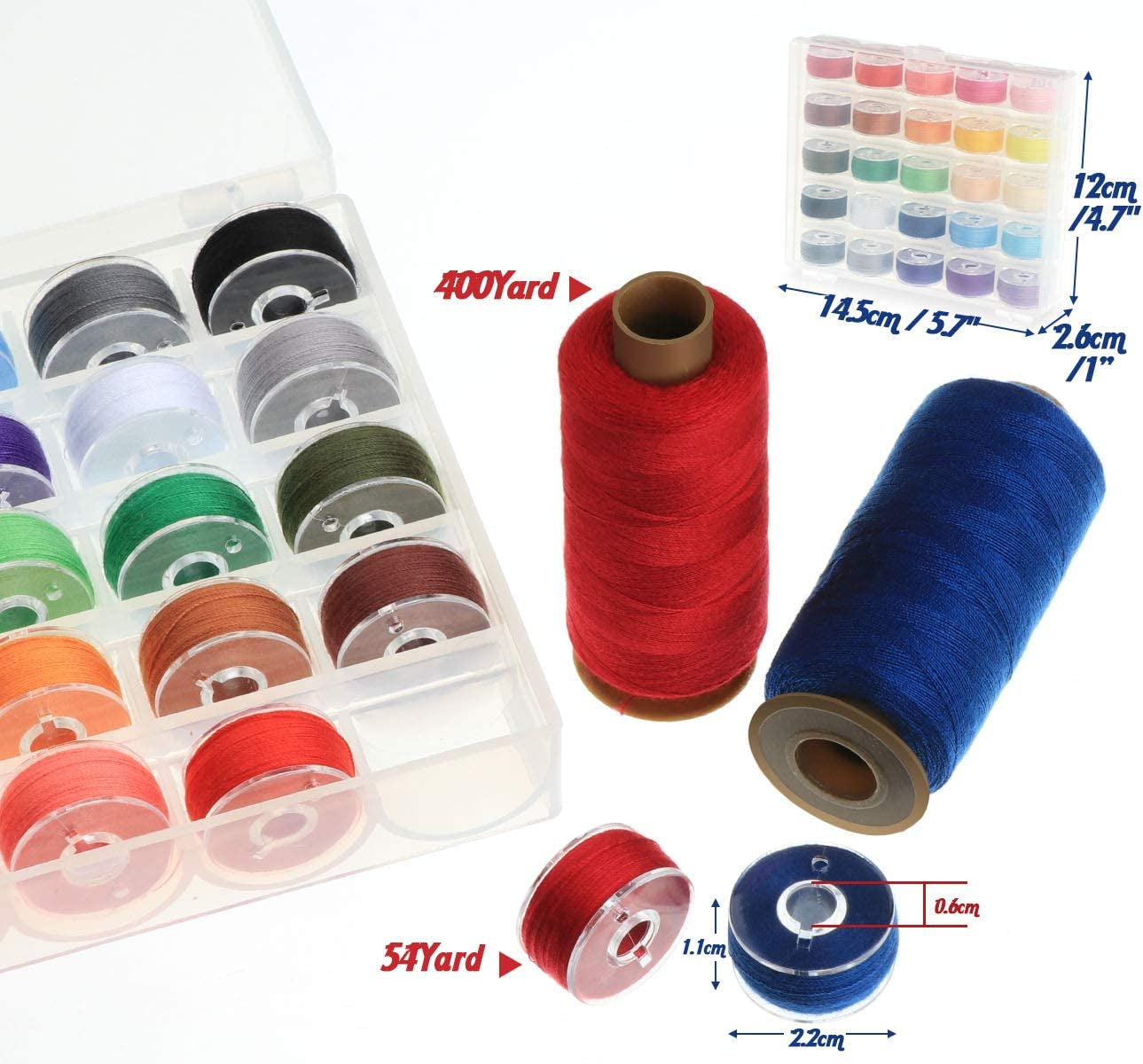 50Pcs Bobbins Sewing Thread Kit, 400 Yards per Polyester Thread Spools, Prewound Bobbin with Case for Brother Singer Janome Machine, 25 Colors