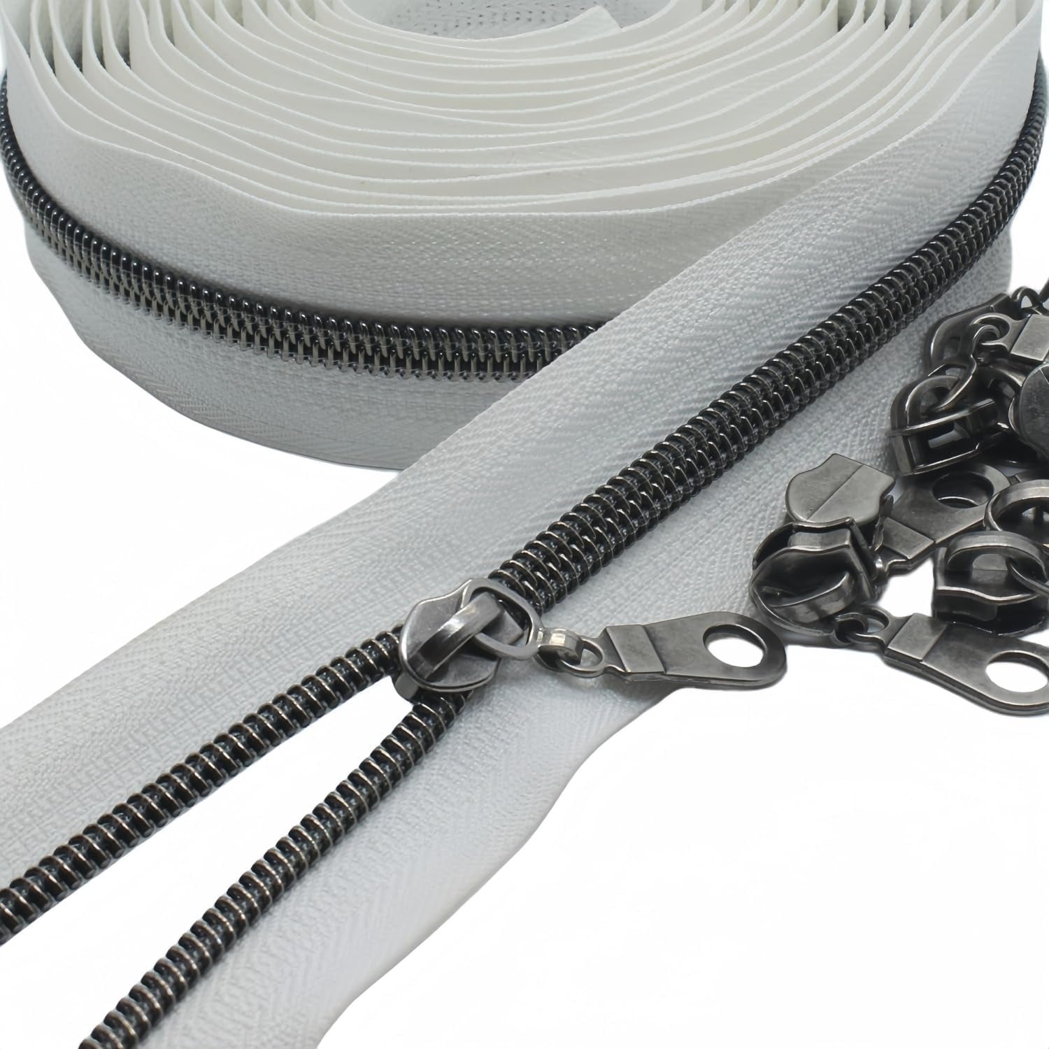 #5 Gunmetal Metallic Nylon Coil Zippers by the Yard Bulk White Tape 10 Yards with 25Pcs Pulls for DIY Sewing Tailor Craft Bag (White)