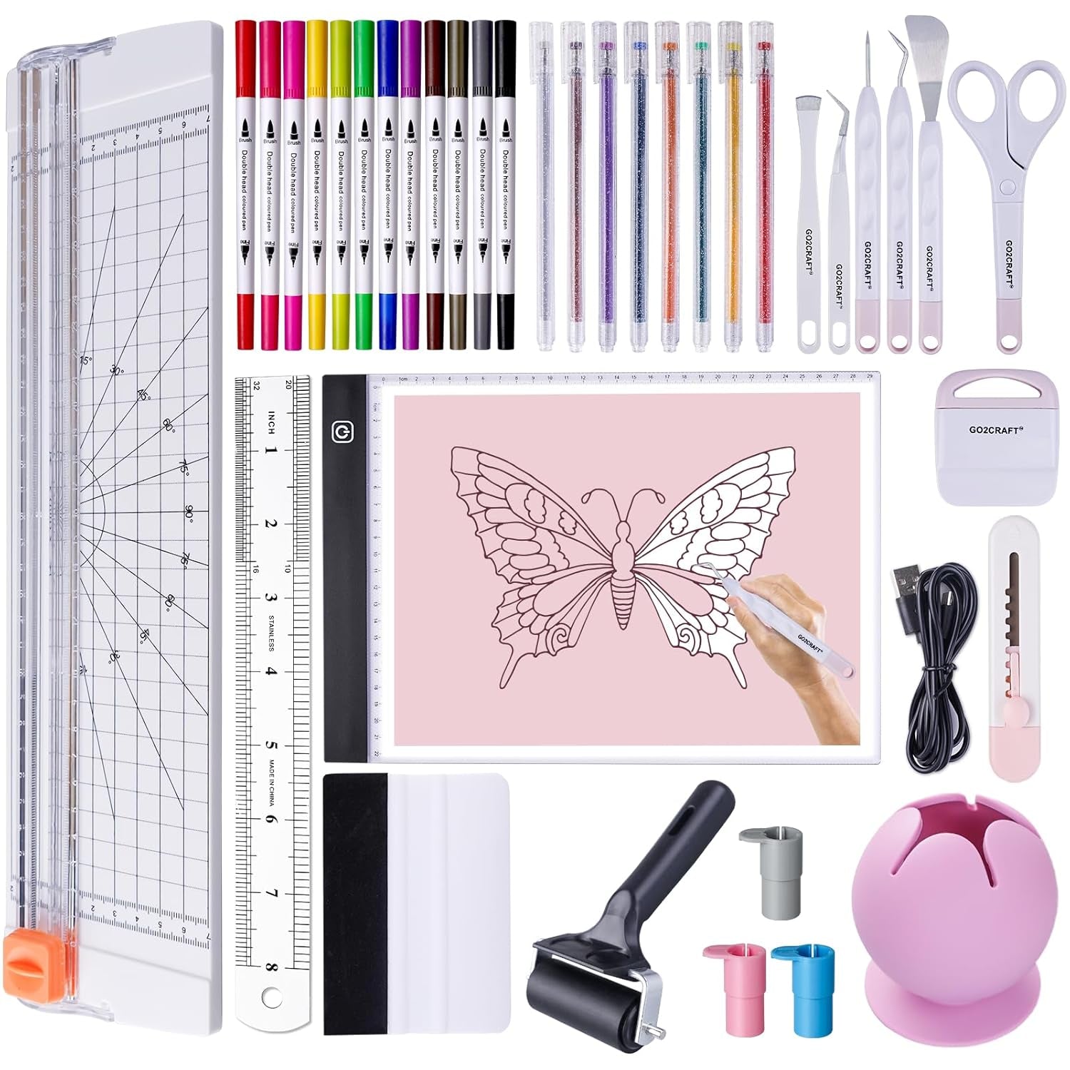 37Pcs Essential Tool Set for Cricut Machine, Ultimate Tool with 7Pcs Weeding Tools for Vinyl, LED Light Pad, 12'' Paper Cutter, Vinyl Scrap Collector, Crafting Starter Kit for Cricut Projects