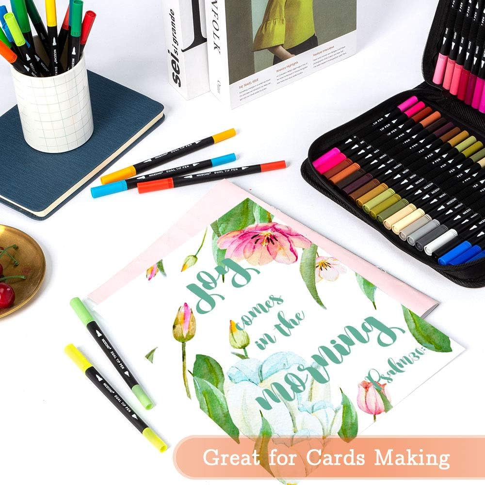 Art Markers Dual Brush Pens for Coloring, 60 Artist Colored Marker Set, Fine and Brush Tip Pen Art Supplier for Adult Coloring Books, Bullet Journaling, Drawing