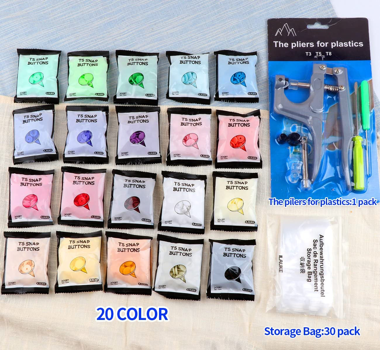 400 Sets Snap Buttons with Snap Pliers T5 Plastic Snaps No-Sew Buttons Fastener Setter for Clothing Diapers Bibs Rain Coat Crafting
