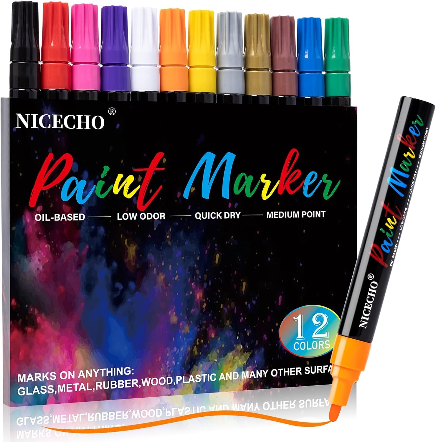 Oil-Based Paint Pens, 12 Colors Permanent Paint Markers Medium Tip Never Fade Quick Drying and Waterproof Marker Set for Metal, Wood, Fabric, Tire, Stone, Canvas, Mugs, Glass, DIY Craft