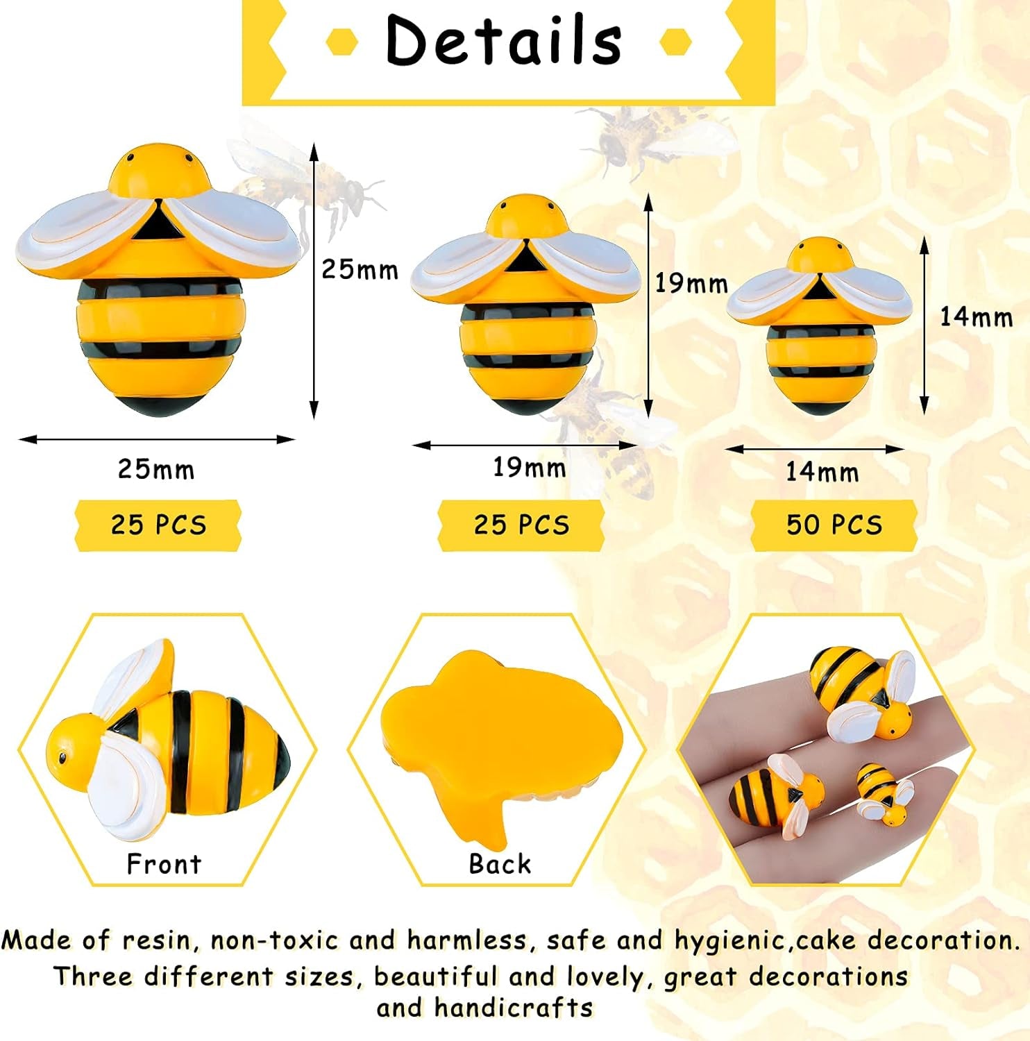100 Pieces Tiny Resin Bees Ornaments Decor 0.98 Inch, 0.74 Inch, 0.55 Inch Tiny Bees for Crafts Flatback Bee Shaped Embellishments Bee Charms Bees for Wreath Party Home Decoration (Bee)
