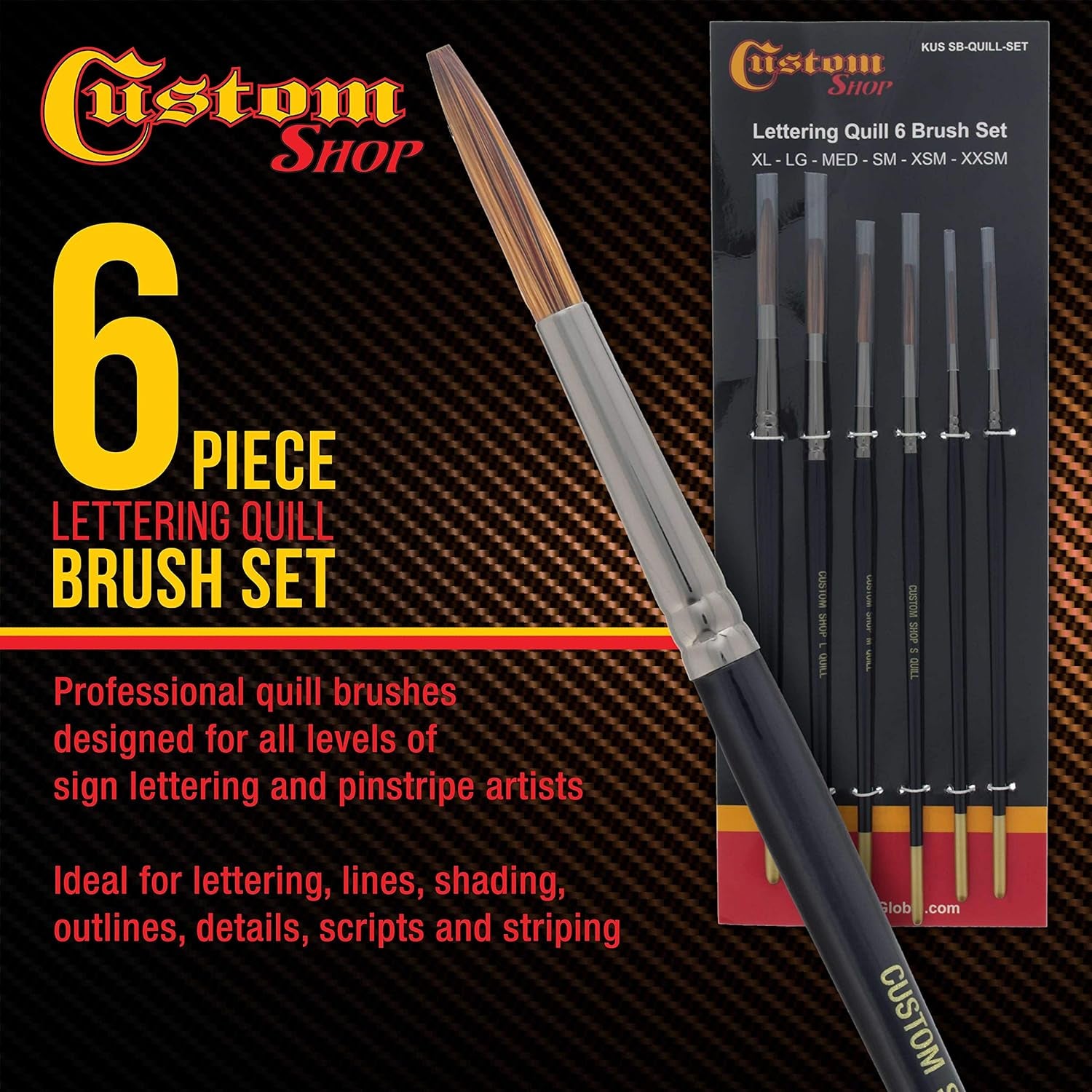 Set of 6 Lettering Quill Brushes for Sign Painting, Sizes XL, LG, MED, SM, XSM, XXSM - Brush Bristle Blend of Squirrel Taklon Hair, Professional Paint Pinstriping Striping Letter Lines Art