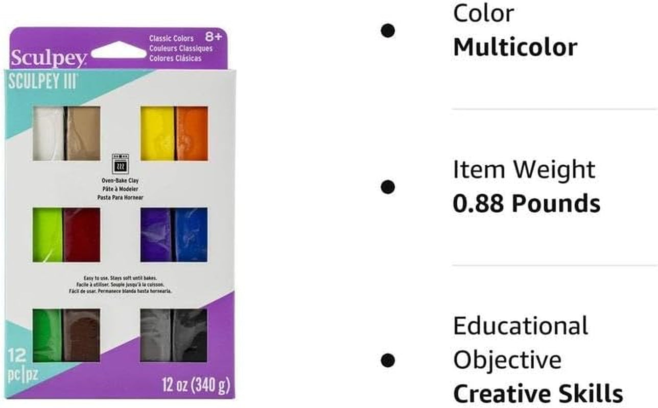 III 12 Bright Colors of Polymer Oven-Bake Clay, Non Toxic 12 Oz., Great for Modeling, Sculpting, Holiday, DIY & School Projects.Great for Kids & Beginners!