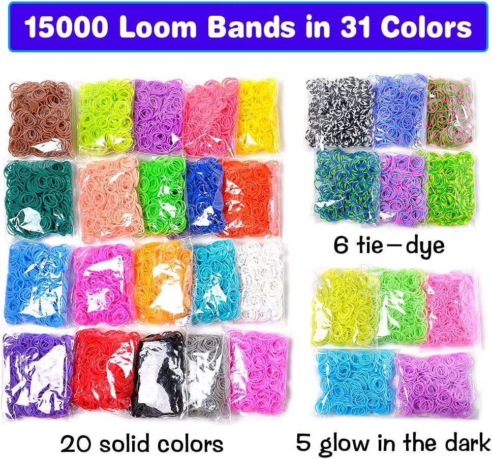 15000+ Loom Rubber Band Refill Kit in 31 Colors, Bracelet Making Kit for Kids Weaving DIY Crafting Gift, with 13500 Loom Bands,500 Clips,15 Charms, 6 Crochet Hooks,2 Y Looms
