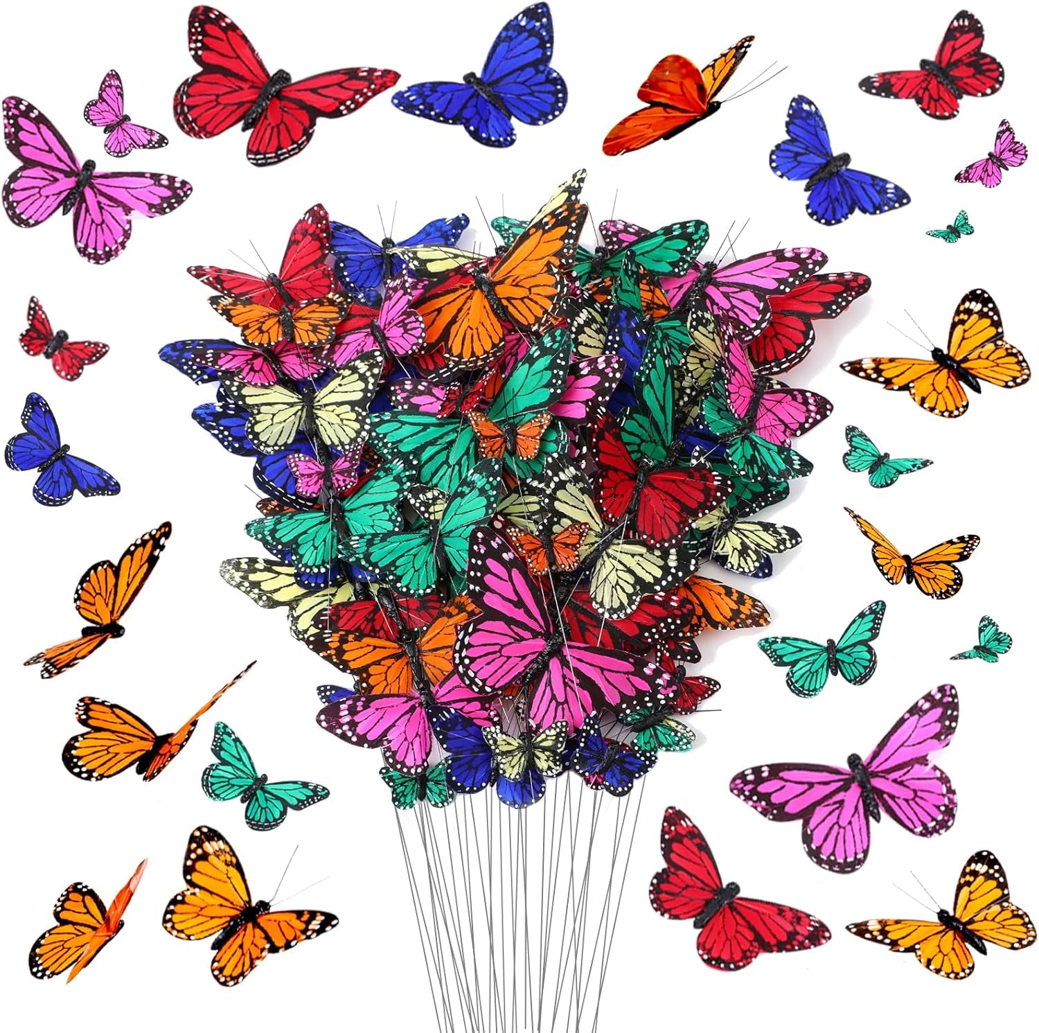 72 Pcs Monarch Butterfly Decorations Butterflies for Crafts 4 Size Artificial Feather Butterfly Decor on Picks Butterflies for Halloween Crafts Fake Butterflies with Wire Wall Decor (Cute Color)