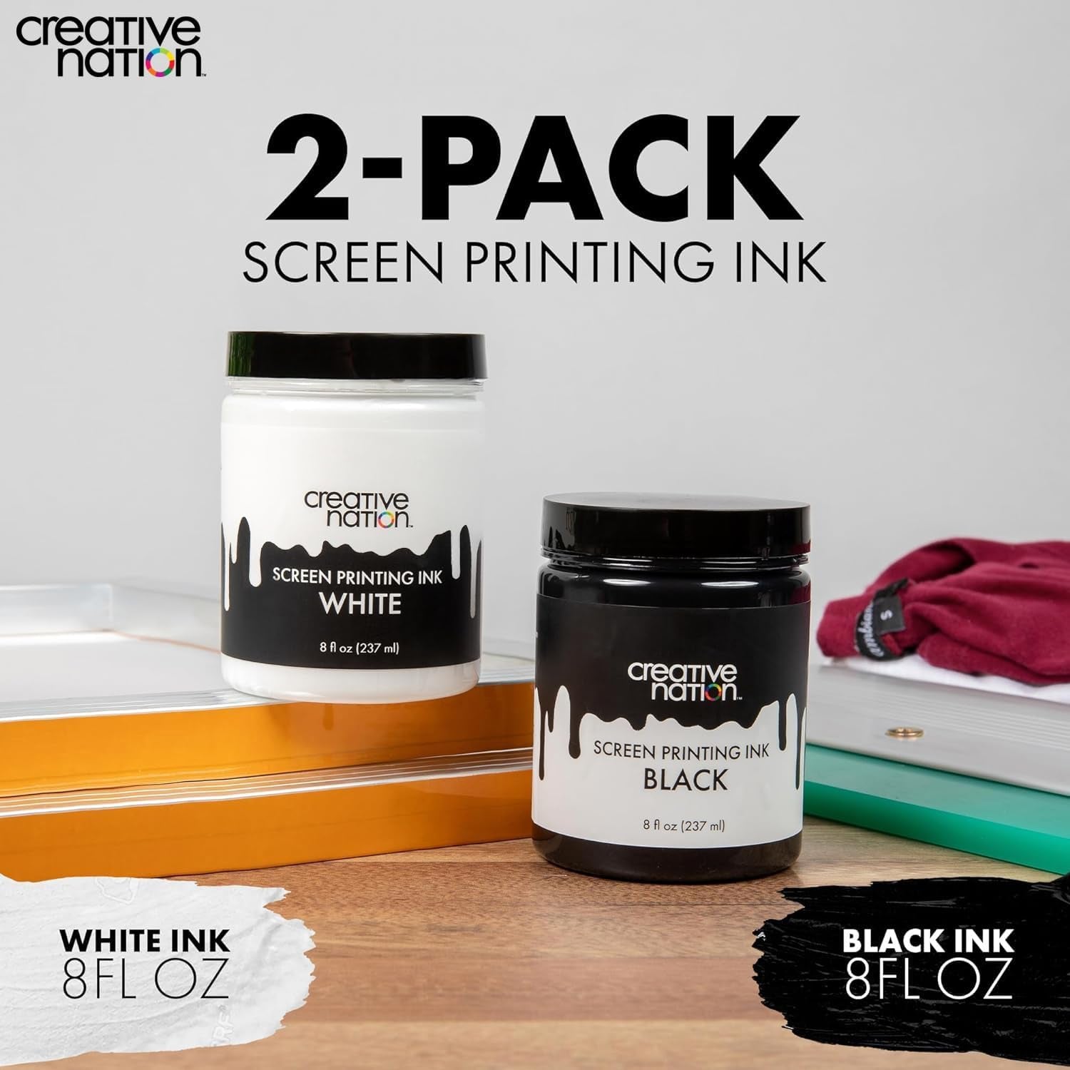 Black &amp; White Fabric Screen Printing Ink 2-Pack - 16 Oz. of Water Based and High Opacity Ink for T-Shirt and Silkscreen Printmaking by