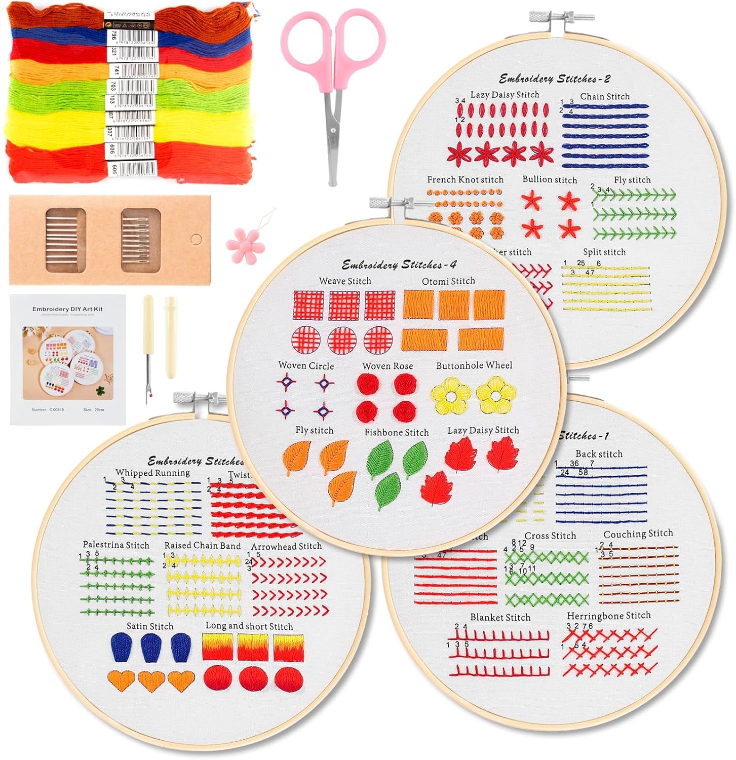 4 Sets Embroidery Kit for Beginners Adults &amp; Kids to Learn 29 Basic Embroidery Stitch Practice Kit,Embroidery Starter Kit for Beginners with Embroidery Patterns, Hoop,Threads,Tools