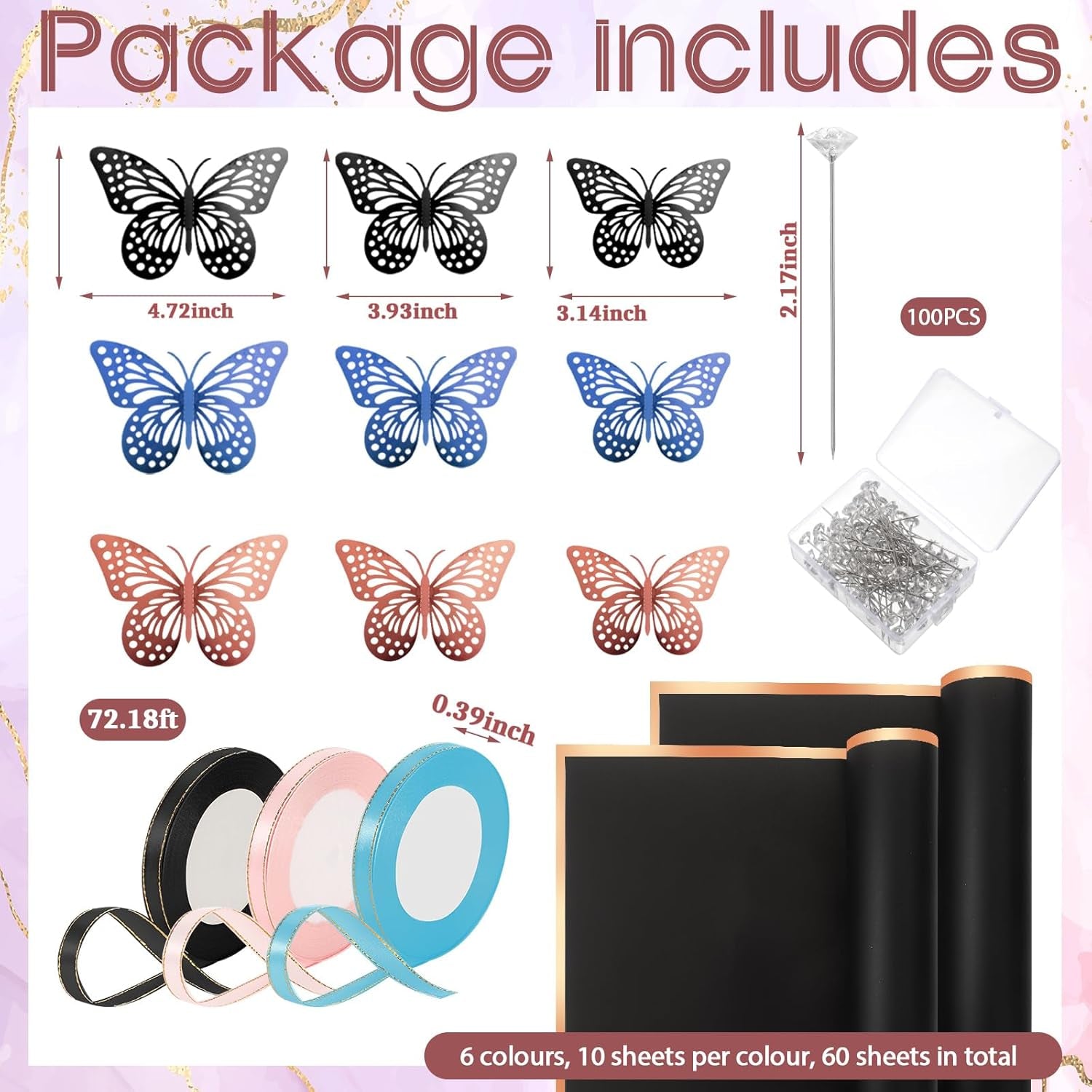 243 Pcs Flower Bouquet Wrapping Paper Waterproof Floral Wrapping Paper Florist Supplies with Butterfly Decoration Crowns Ribbons Bouquet Pin Glue for DIY Craft (Elegant Color)