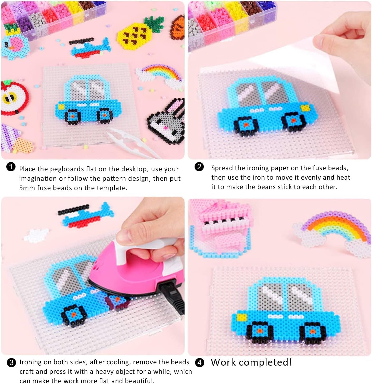 9Pcs 5Mm Large Square Fuse Beads Pegboards Plastic Beads Boards with Ironing Paper, Beads Tweezers for Kids Craft Beads