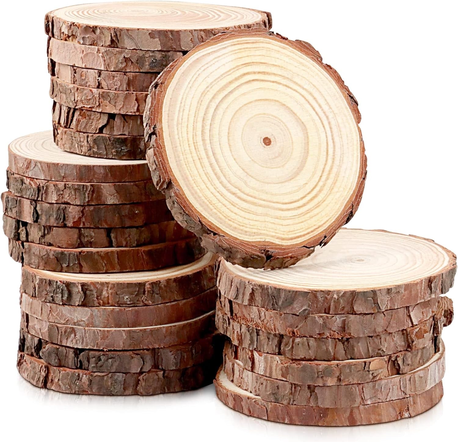 24 PCS Wood Slices Bulk, 4-4.7 Inch Unfinished Natural with Tree Barks Rustic Wedding Centerpiece Disc, Craft Wood Pieces for Circles Craft Christmas Ornaments and DIY Table Decorations