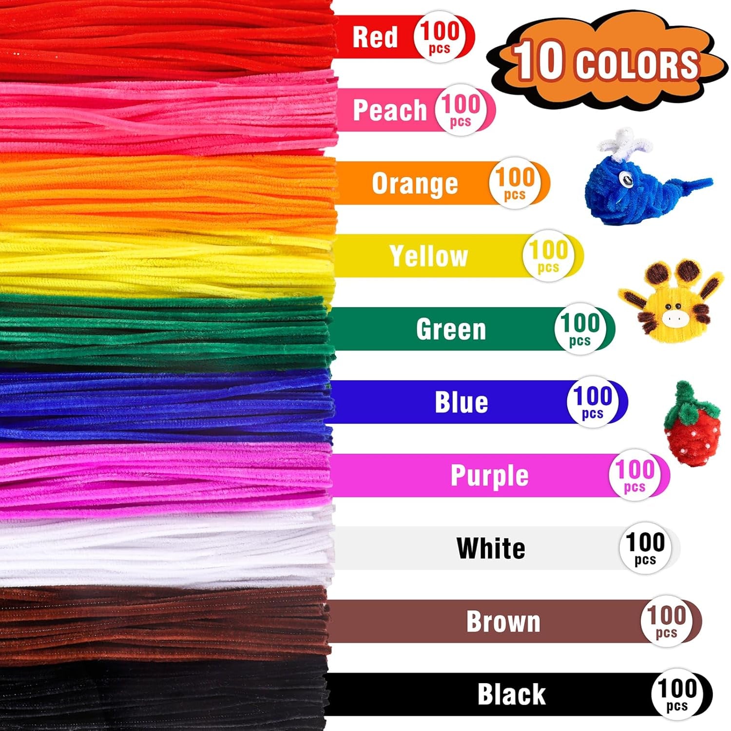 1000PCS Pipe Cleaners Bulk, 10 Color Chenille Stems Craft Supplies for Kids Crafts Projects and Decorations (12Inch×6Mm）