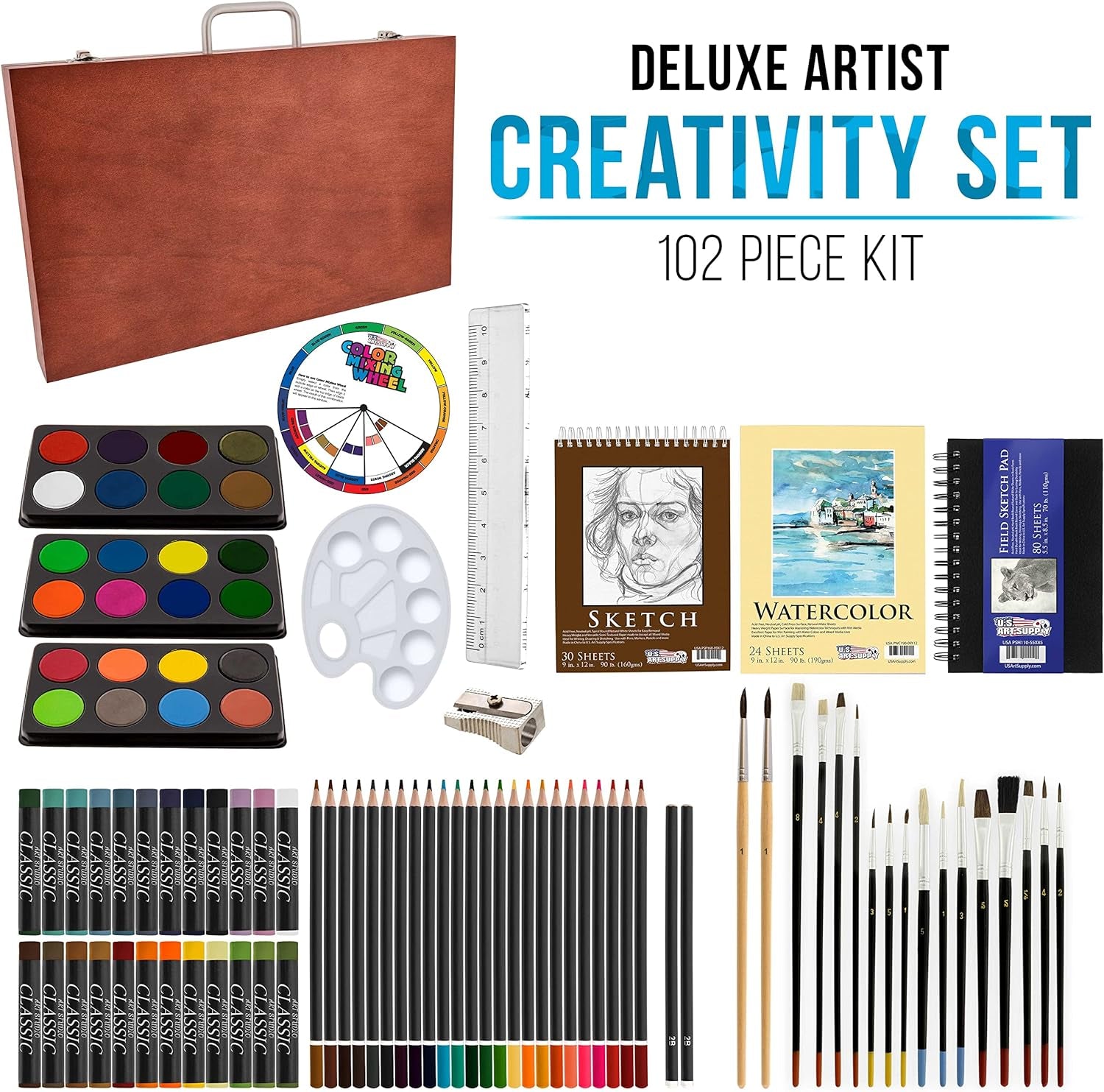 102-Piece Deluxe Wooden Art Supply Set - 24 Watercolors, 17 Brushes, 24 Colored Pencils, Sketch Pads
