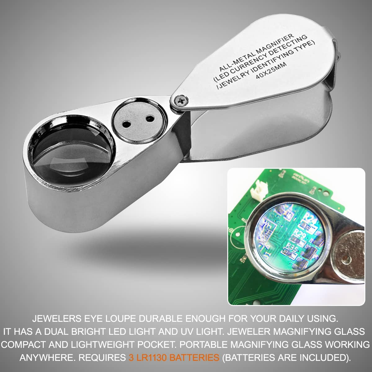 40X Jewelers Loupe, LED Light Illuminated Folding Magnifying Jewelry Eye Magnifier (LED Currency Detecting/Jewlers Identifying Type Lupe)