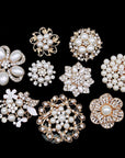 Lot 9Pcs Rose Gold-Tone Rhinestone Brooches, Big Pearl Crystal Wedding Bouquet Kit Set