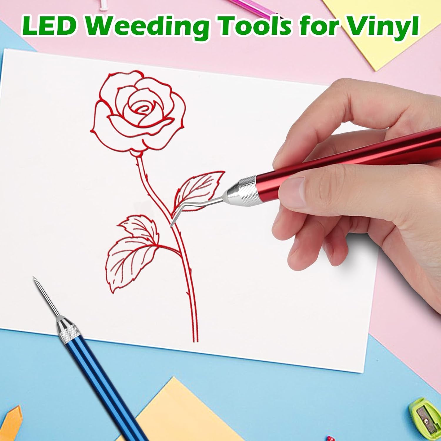 3 Pcs LED Weeding Tools for Vinyl, Vinyl Weeding Tool with 5 Different Hooks Lighted Weeding Tool, LED Weeding Tools for Vinyl with Light for Cameos, Silhouettes, Crafting, DIY