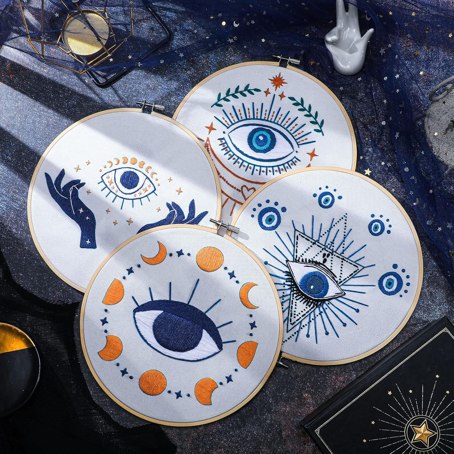 4 Set Embroidery Kits for Adults Beginner Evil Eye Cross Embroidery Kits with Patterns Instructions Embroidery Hoops Needles Colored Threads Needle Detector for Adult DIY