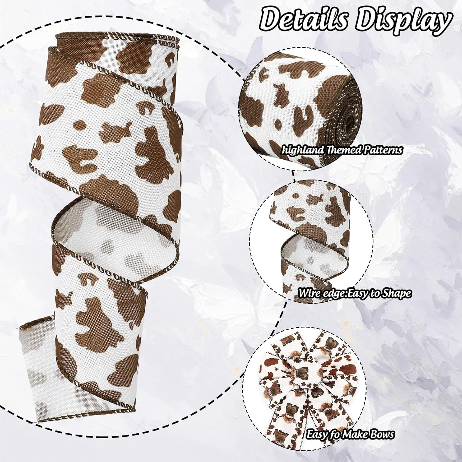 Highland Cow Wired Edge Ribbon Cow Print Craft Ribbon White Brown Fabric Ribbon for Wreath Bow Making DIY Crafts Wrapping Party Decor Supplies, 2 Rolls, 20 Yard