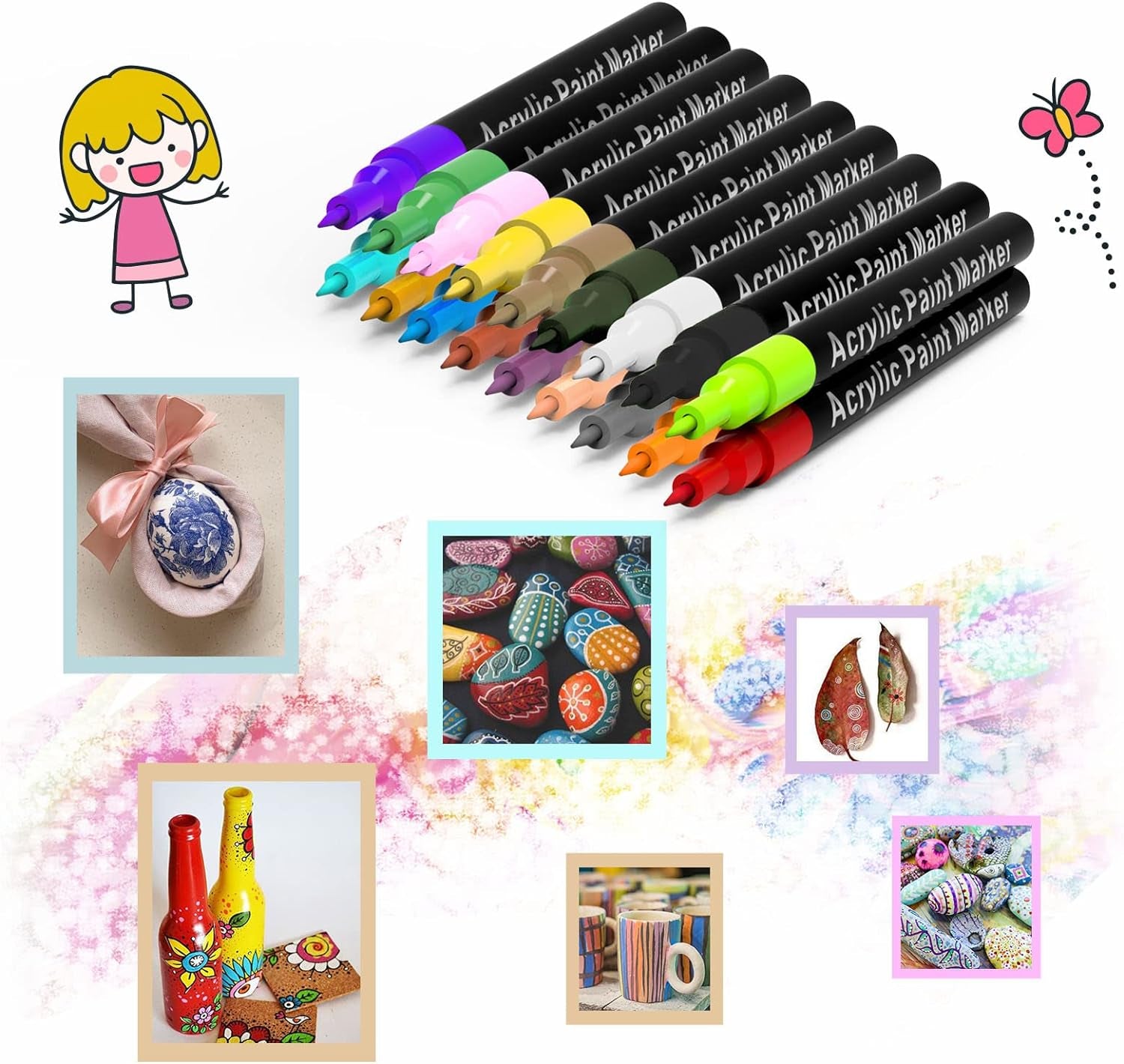 Acrylic Paint Pens for Rock Painting,Set of 18 Extra Fine Point Non-Toxic Acrylic Paint Pen Paint Markers for Stone,Ceramic,Glass,Wood,Canvas,Fabrics DIY Crafts