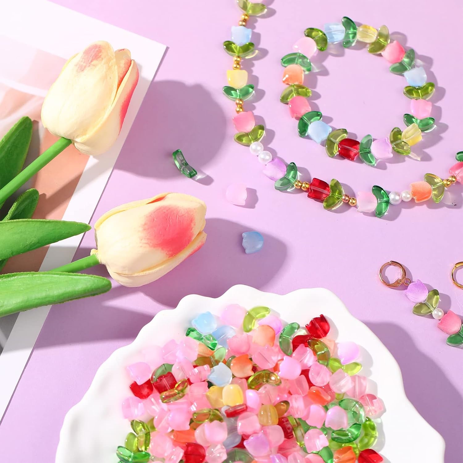 320 Pcs Colorful Translucent Tulip Flower Beads Handcrafted Tulip Glass Spacer Bead Crystal Loose Glass Flower Beads for Jewelry Making Earring Bracelet DIY Craft Spring Summer Gifts