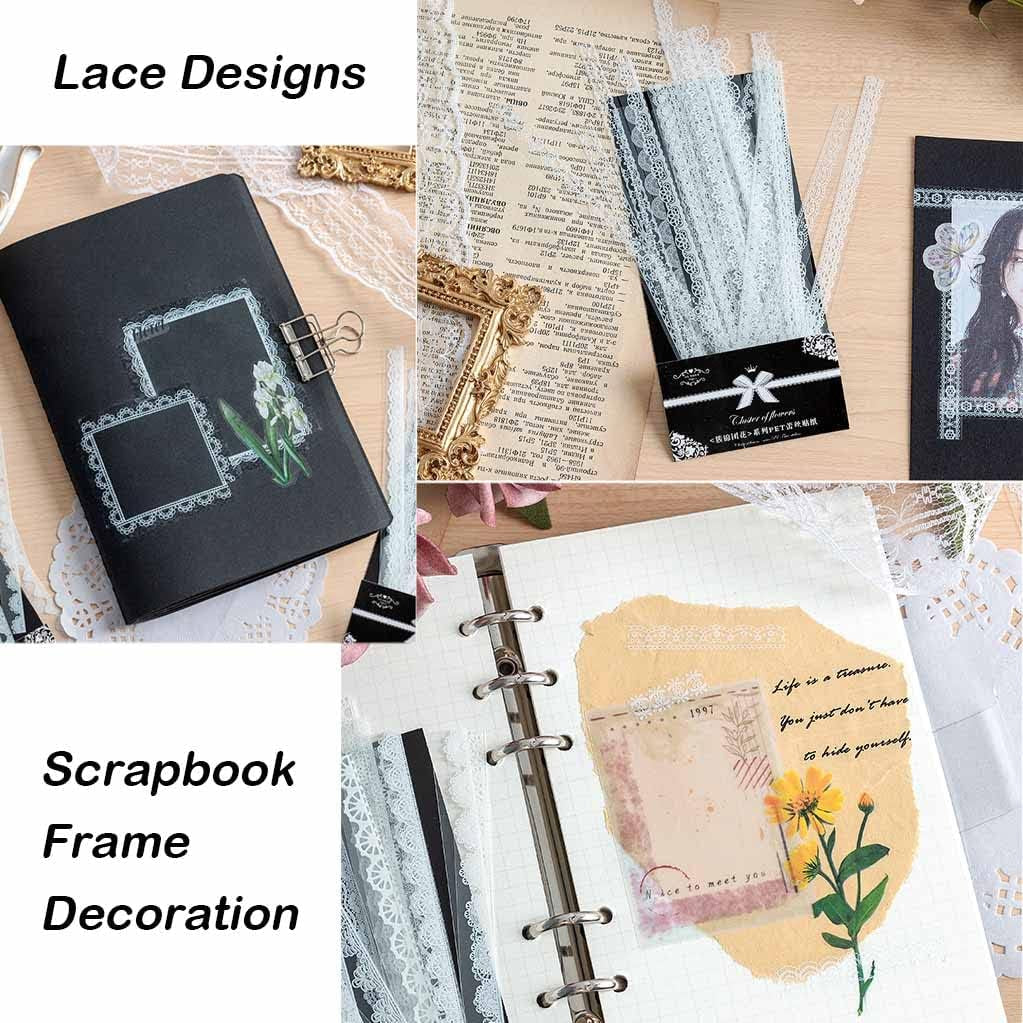 Lace Stickers Set -  120PCS Vintage PET White Lace Stickers for Decoration Planners Scrapbook Laptops Journals Cups Vase Flower Pot Crafts Photo Frame