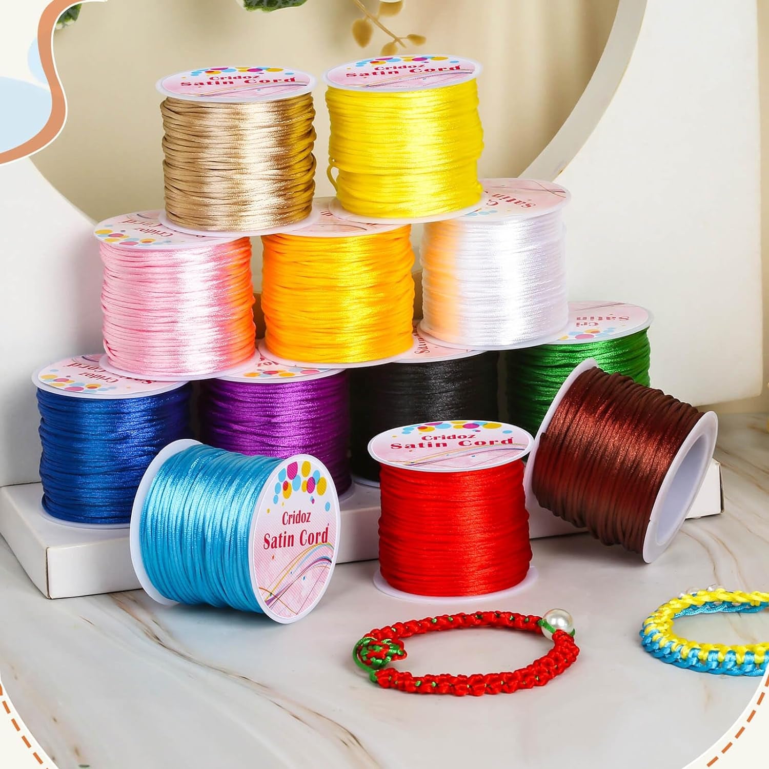 12 Rolls Nylon String for Bracelets, Satin Rattail Silk Cord Silky Beading String for Kumihimo, Braided Bracelets, Pendants Necklace, Macrame Craft, Keychains Lanyards, Jewelry Making