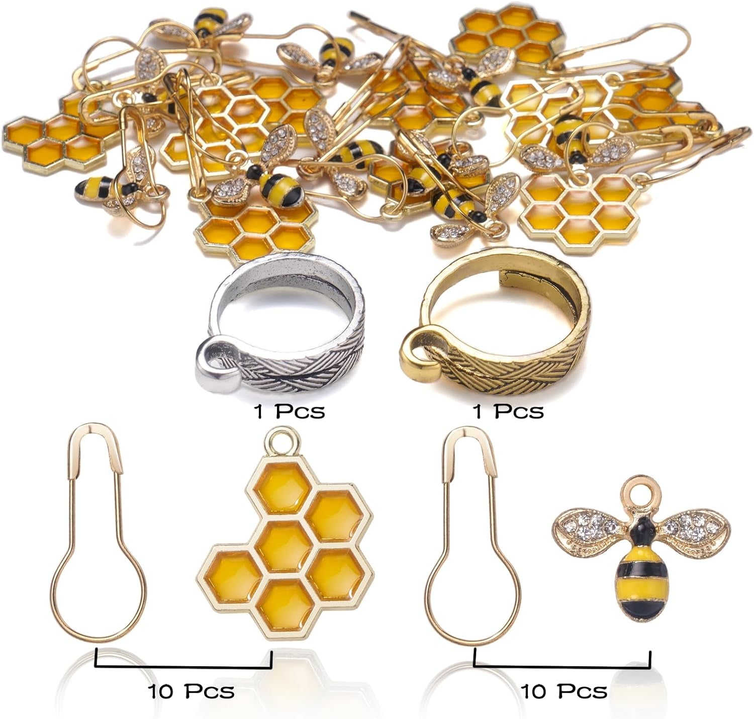 20 Pcs Cute Bee Honeycomb Stitch Marker, 2 Pcs Adjustable Knit Crochet Loop Ring for Crocheting and Knitting, Alloy Crochet Stitch Marker Knitting and Crocheting Accessories