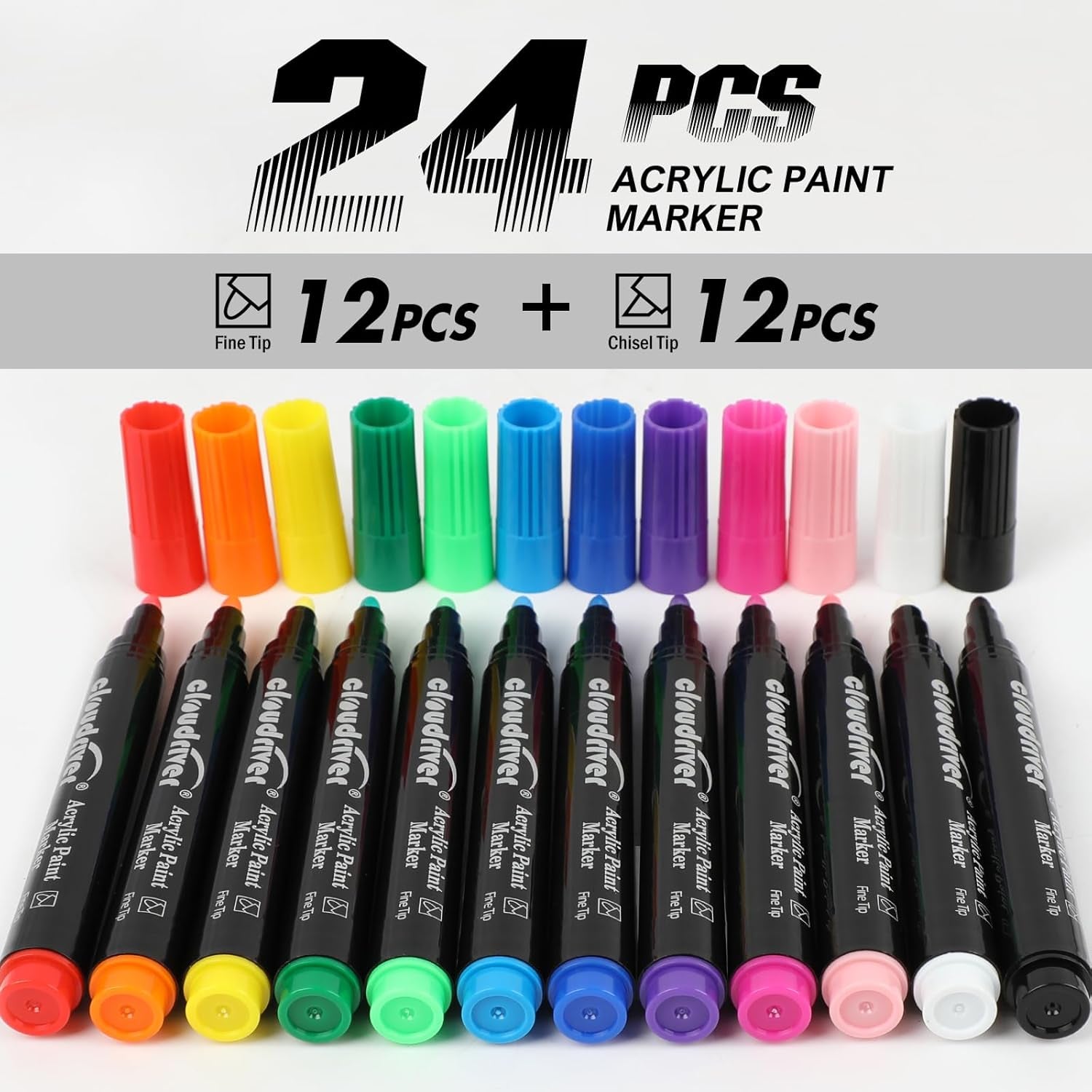Acrylic Paint Pens, 12 Colors Water-Based Ink Markers, 24 Pack, Double Pack of Fine and Chisel Tip Acrylic Paint Pens for Canvas, Rock Painting, Wood, Glass, Metal, Ceramic, Stone