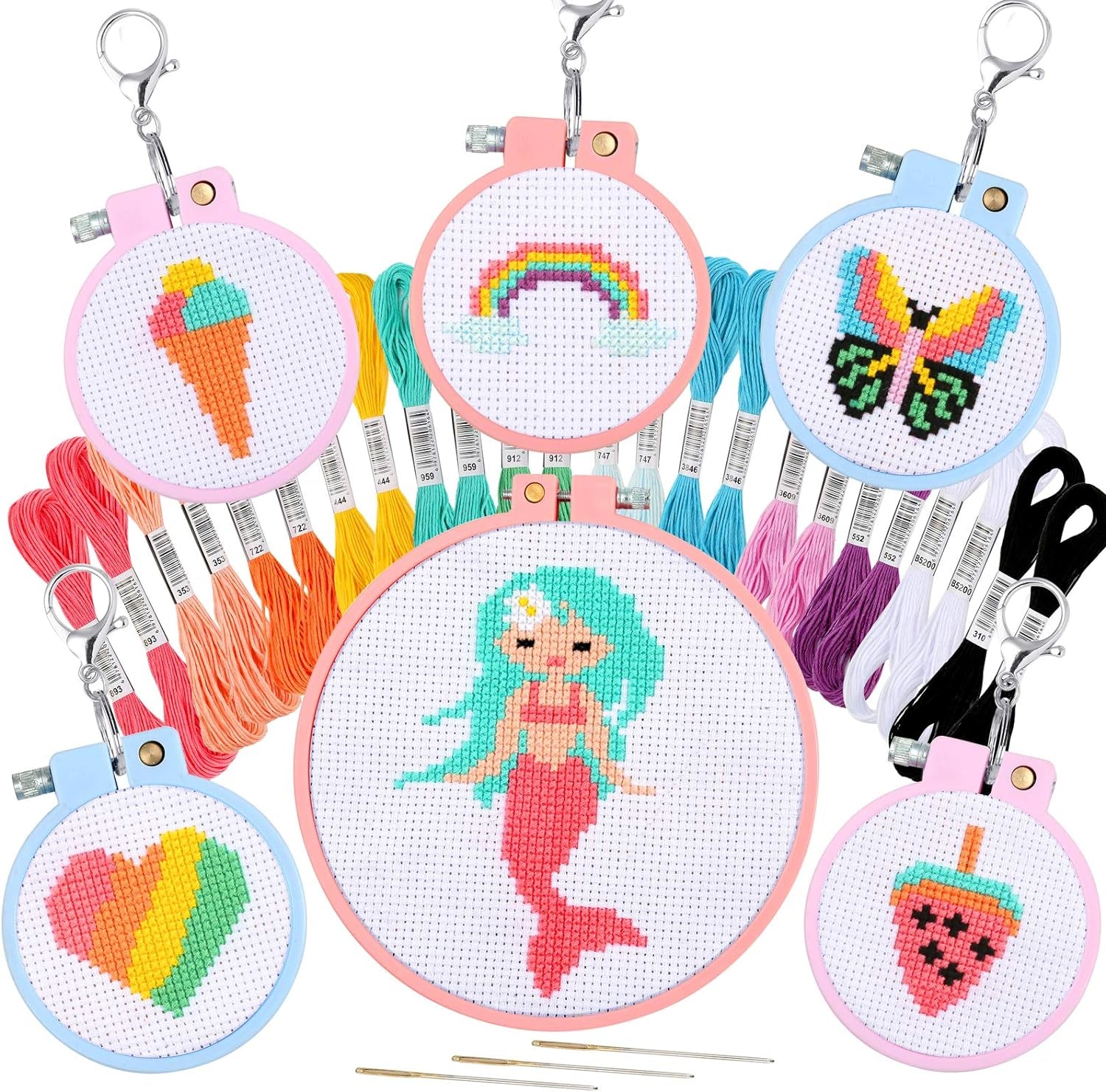 6 Pcs Cross Stitch Kits for Beginners for Kids 7-13, Kids Embroidery Kit Needlepoint Kit Arts and Crafts Kit with Instructions for Backpack Charms, Ornaments and Needle Craft