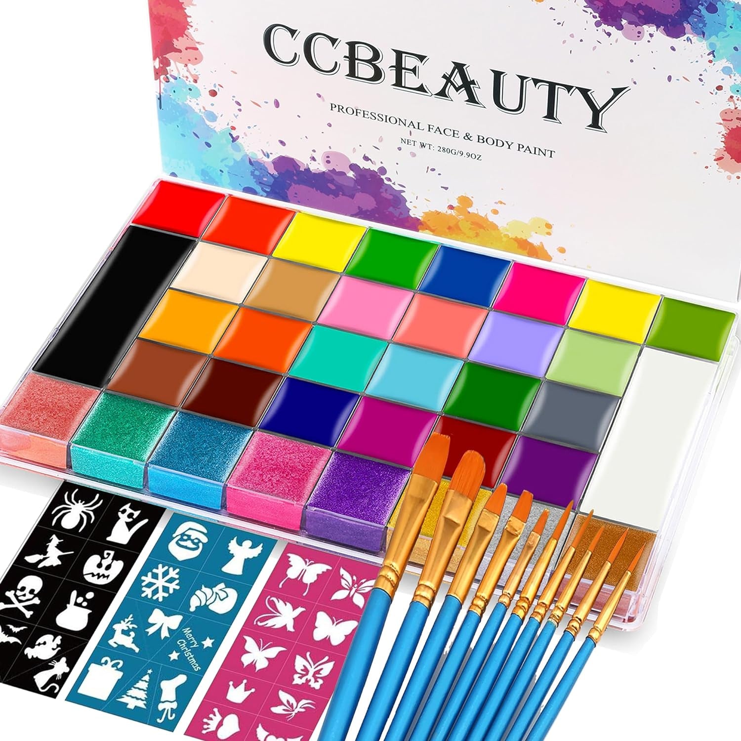 36 Colors Face Body Paint Oil, Hypoallergenic Face Painting Kit Professional for Kids Party with 30 Stencils + 10 Brushes for Halloween SFX Special Effects Cosplay Costume Makeup Supplies